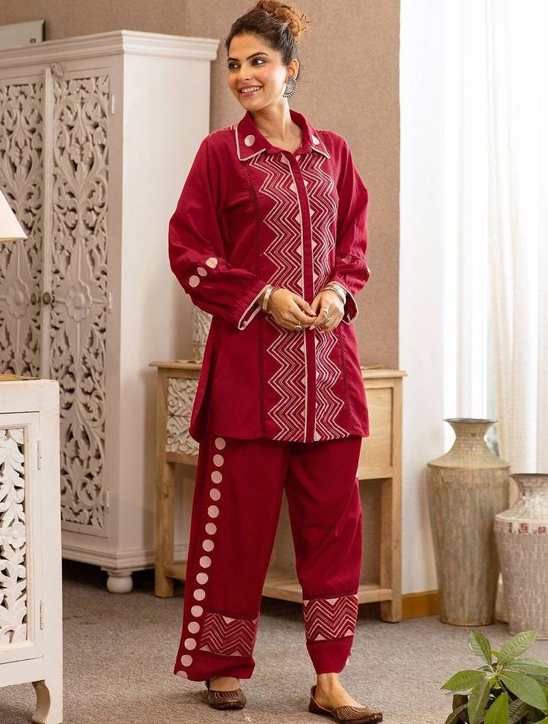 Embroidered Dark Red Cotton Blend Co Ords for Women
