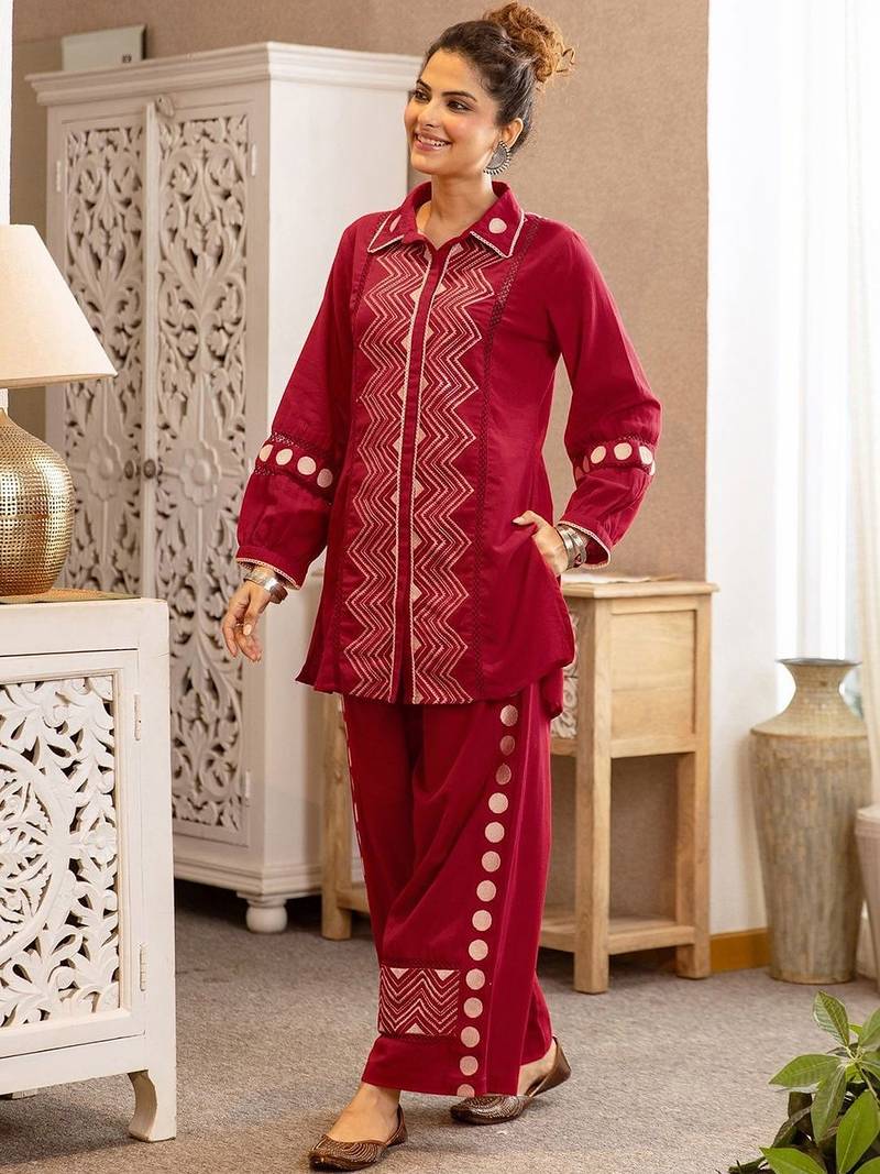 Embroidered Dark Red Cotton Blend Co Ords for Women