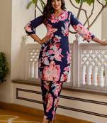 Floral Printed Navy Blue Cotton Blend Co Ords for Women