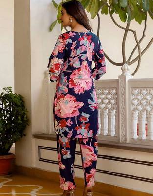 Floral Printed Navy Blue Cotton Blend Co Ords for Women 2