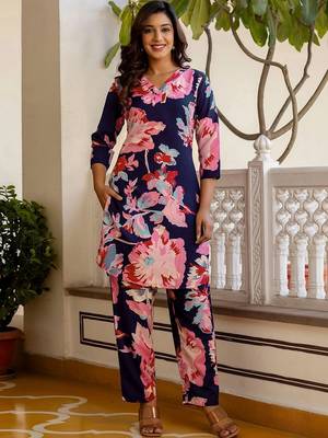 Floral Printed Navy Blue Cotton Blend Co Ords for Women 3