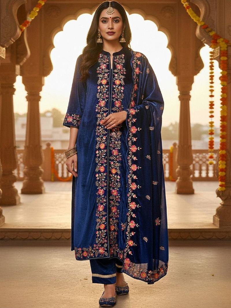 Women Floral Embroidered Regular Thread Work Velvet Kurta with Trousers & With Dupatta