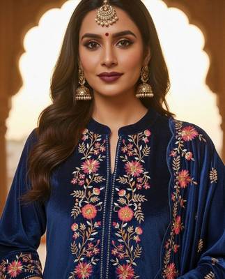 Women Floral Embroidered Regular Thread Work Velvet Kurta with Trousers & With Dupatta 3