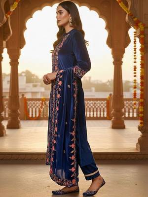 Women Floral Embroidered Regular Thread Work Velvet Kurta with Trousers & With Dupatta 4