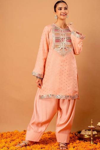 Embroidered Peach Georgette Farsi Salwar Co Ords for Women