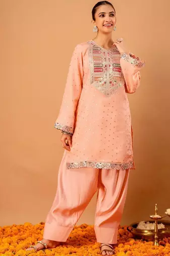 Embroidered Peach Georgette Farsi Salwar Co Ords for Women