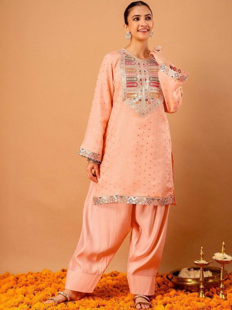 Embroidered Peach Georgette Farsi Salwar Co Ords for Women