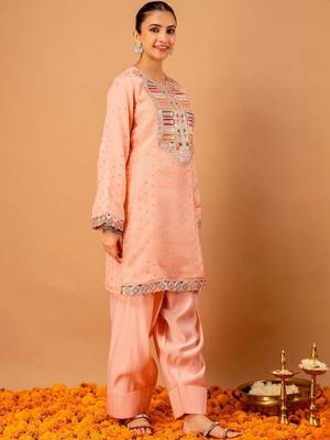 Embroidered Peach Georgette Farsi Salwar Co Ords for Women 2