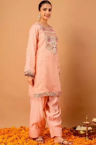 Embroidered Peach Georgette Farsi Salwar Co Ords for Women