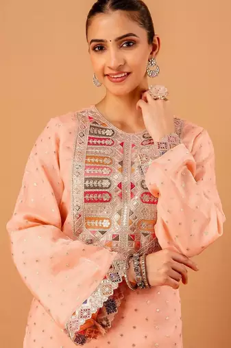 Embroidered Peach Georgette Farsi Salwar Co Ords for Women