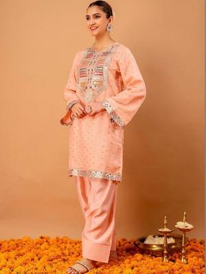 Embroidered Peach Georgette Farsi Salwar Co Ords for Women 5