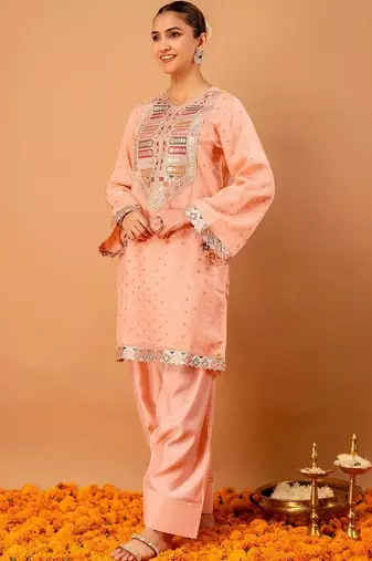 Embroidered Peach Georgette Farsi Salwar Co Ords for Women