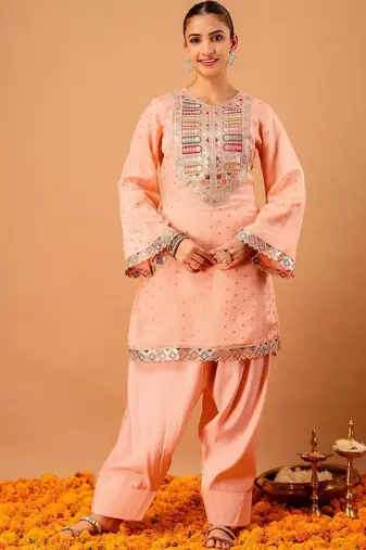 Embroidered Peach Georgette Farsi Salwar Co Ords for Women