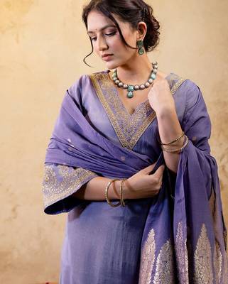 Woven Design Embroidered Straight Sequinned Kurta With Trousers & Dupatta 2