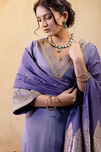 Woven Design Embroidered Straight Sequinned Kurta With Trousers & Dupatta