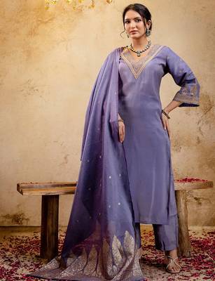 Woven Design Embroidered Straight Sequinned Kurta With Trousers & Dupatta 1