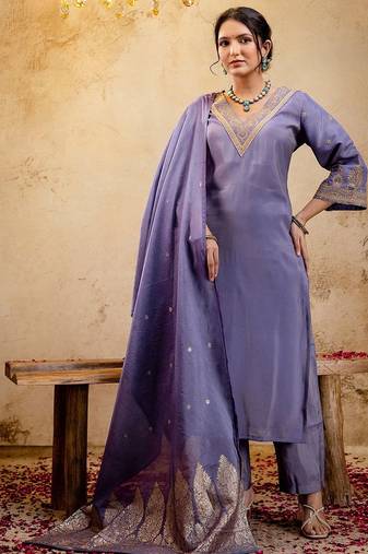 Woven Design Embroidered Straight Sequinned Kurta With Trousers & Dupatta