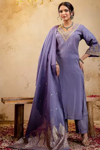 Woven Design Embroidered Straight Sequinned Kurta With Trousers & Dupatta