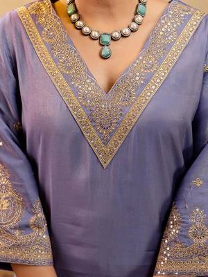 Woven Design Embroidered Straight Sequinned Kurta With Trousers & Dupatta 3