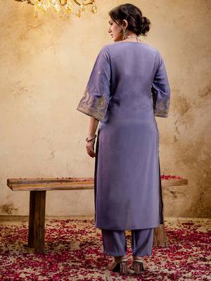 Woven Design Embroidered Straight Sequinned Kurta With Trousers & Dupatta 4