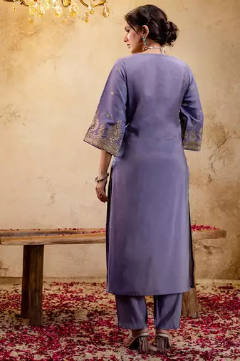 Woven Design Embroidered Straight Sequinned Kurta With Trousers & Dupatta