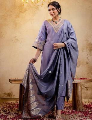 Woven Design Embroidered Straight Sequinned Kurta With Trousers & Dupatta 5