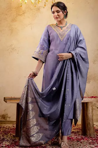 Woven Design Embroidered Straight Sequinned Kurta With Trousers & Dupatta
