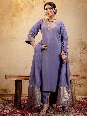 Woven Design Embroidered Straight Sequinned Kurta With Trousers & Dupatta 6