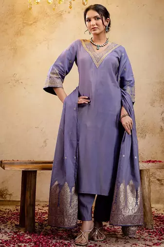 Woven Design Embroidered Straight Sequinned Kurta With Trousers & Dupatta