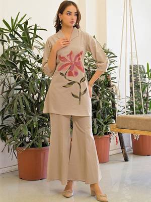 Embroidered Beige Pure Cotton Co Ords for Women 1
