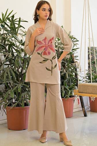 Embroidered Beige Pure Cotton Co Ords for Women
