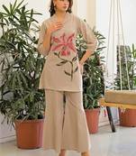 Embroidered Beige Pure Cotton Co Ords for Women
