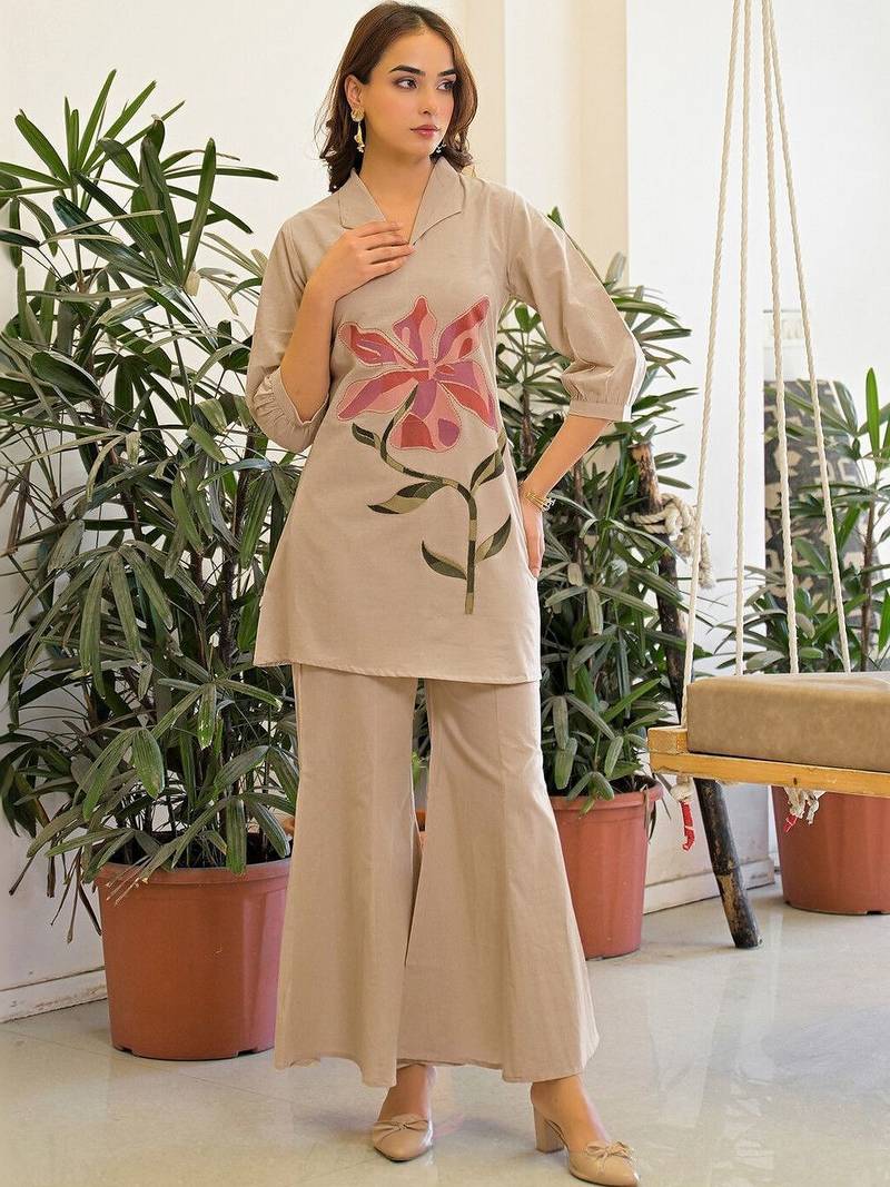Embroidered Beige Pure Cotton Co Ords for Women
