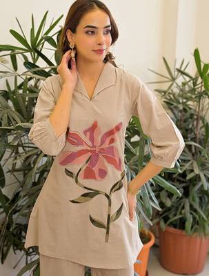 Embroidered Beige Pure Cotton Co Ords for Women 2