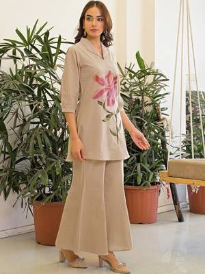 Embroidered Beige Pure Cotton Co Ords for Women 4