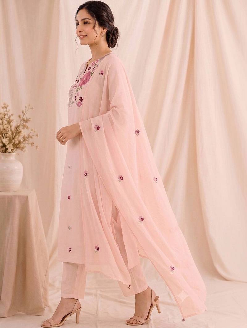 Women Floral Embroidered Regular Thread Work Chanderi Cotton Kurta with Trousers & With Dupatta