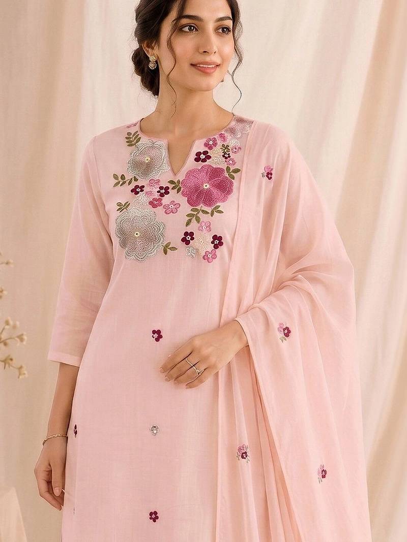 Women Floral Embroidered Regular Thread Work Chanderi Cotton Kurta with Trousers & With Dupatta