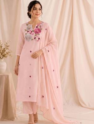 Women Floral Embroidered Regular Thread Work Chanderi Cotton Kurta with Trousers & With Dupatta 1
