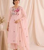 Women Floral Embroidered Regular Thread Work Chanderi Cotton Kurta with Trousers & With Dupatta