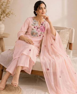 Women Floral Embroidered Regular Thread Work Chanderi Cotton Kurta with Trousers & With Dupatta 5