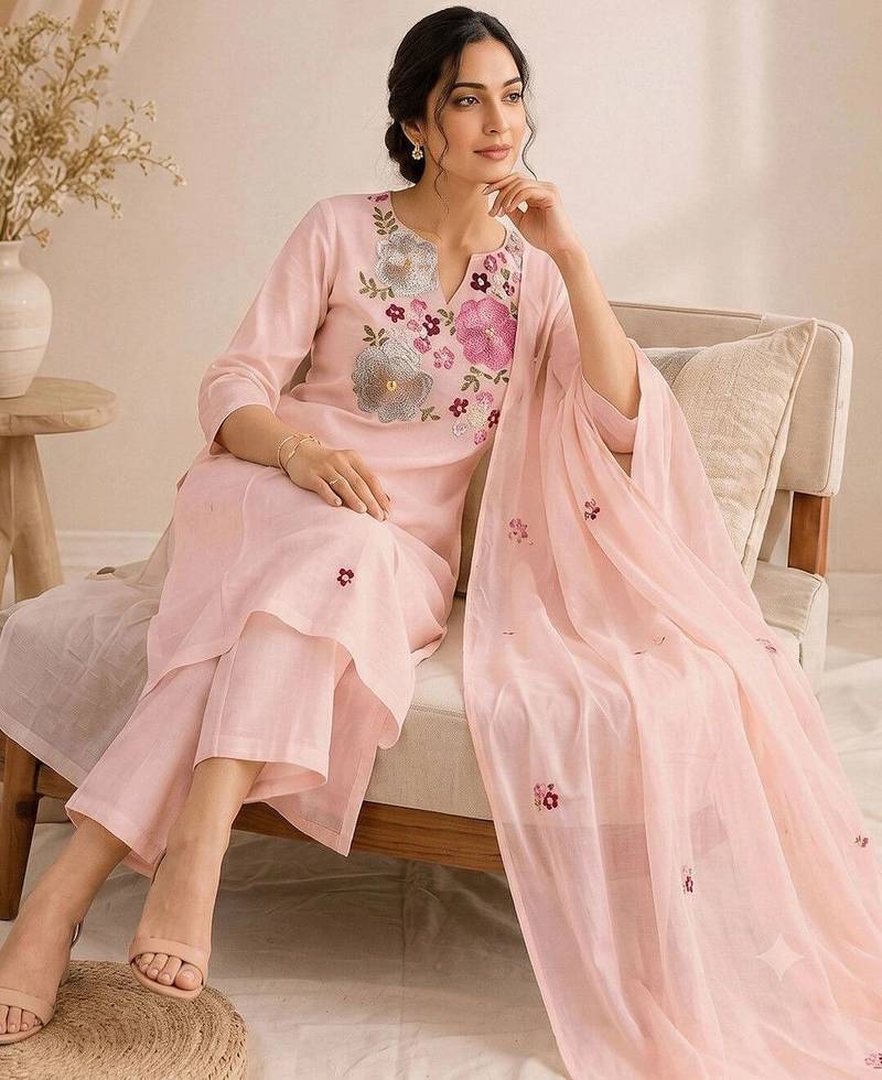 Women Floral Embroidered Regular Thread Work Chanderi Cotton Kurta with Trousers & With Dupatta