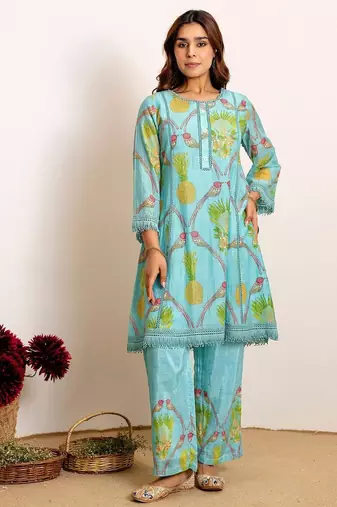 Printed Turquoise Blue Silk Co Ords for Women
