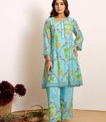 Printed Turquoise Blue Silk Co Ords for Women