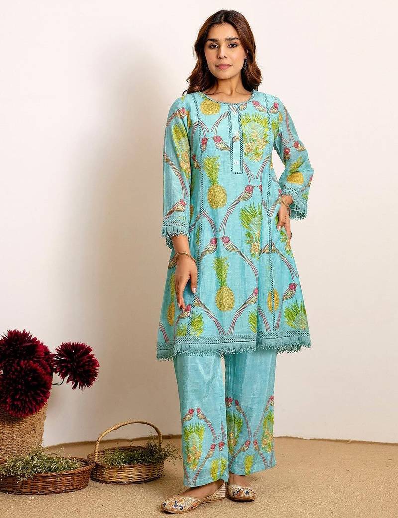 Printed Turquoise Blue Silk Co Ords for Women