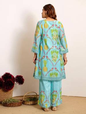 Printed Turquoise Blue Silk Co Ords for Women 2