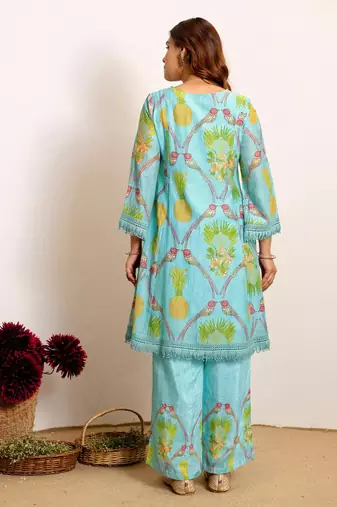 Printed Turquoise Blue Silk Co Ords for Women