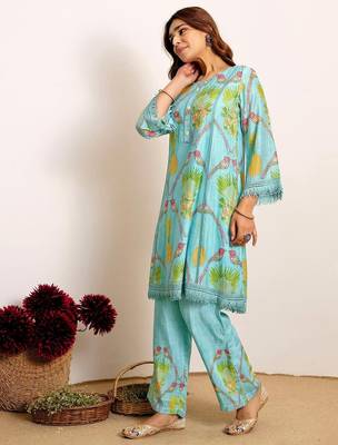 Printed Turquoise Blue Silk Co Ords for Women 3