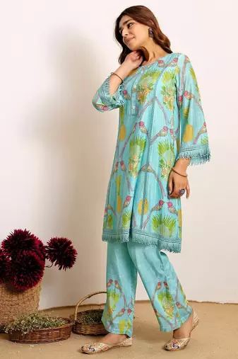 Printed Turquoise Blue Silk Co Ords for Women
