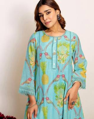 Printed Turquoise Blue Silk Co Ords for Women 4