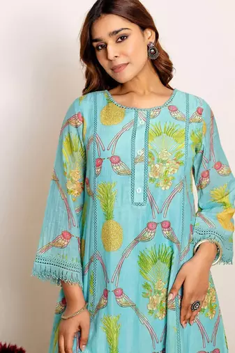 Printed Turquoise Blue Silk Co Ords for Women